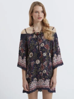 Batik Floral Cold Shoulder Swing Tunic Dress