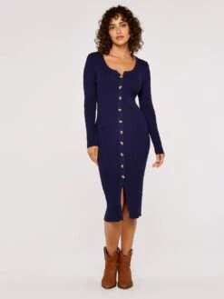Buttoned Ribbed Midi Dress