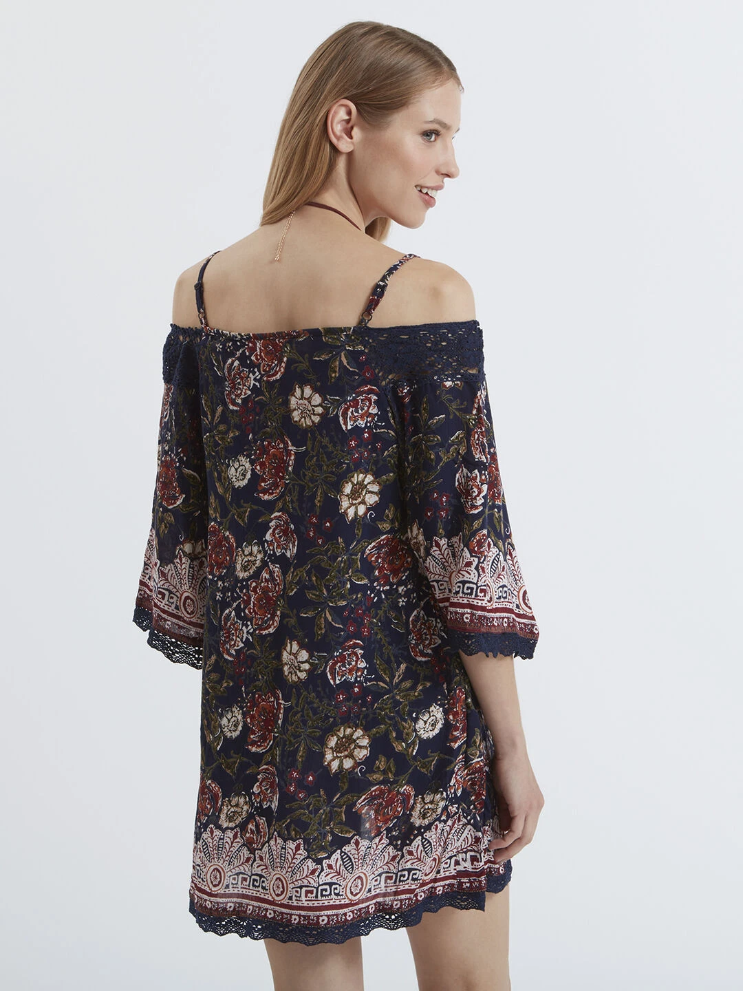 Batik Floral Cold Shoulder Swing Tunic Dress 2 Batik Floral Cold Shoulder Swing Tunic Dress - Image 2